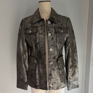 Tory Burch Sargent Pepper Metallic Charcoal Button-Front Leather Jacket, Size 6